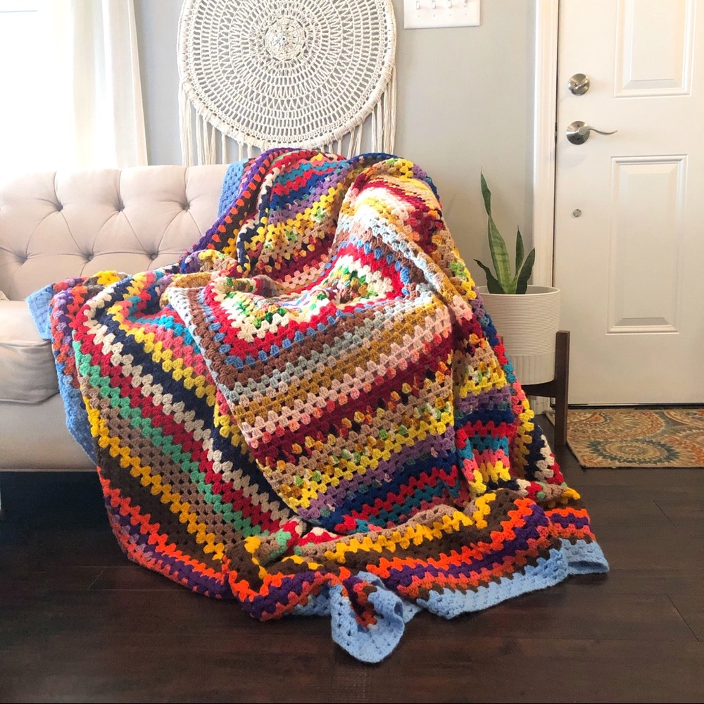 Vintage Rainbow Square Knit Afghan Blanket Large